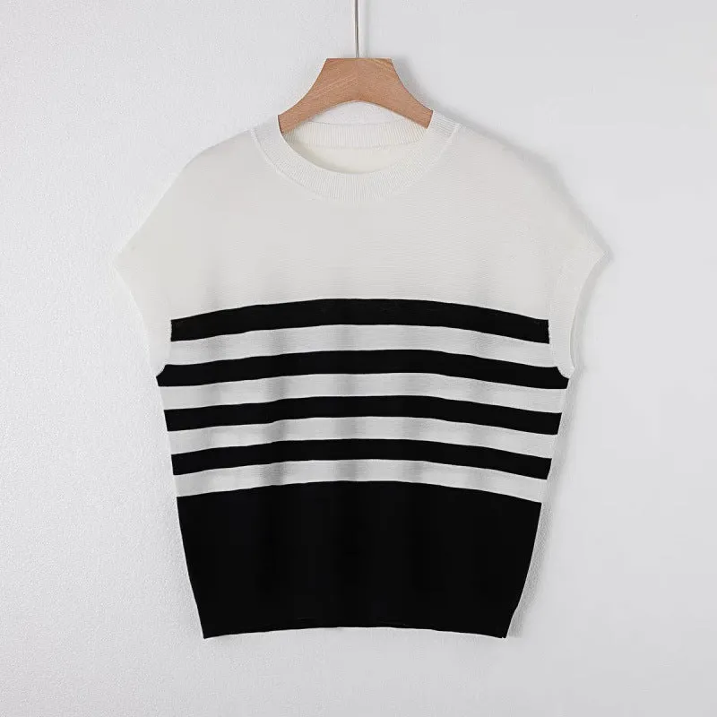 Pre Order: Striped Knitted Round Neck Short Sleeve Loose Top