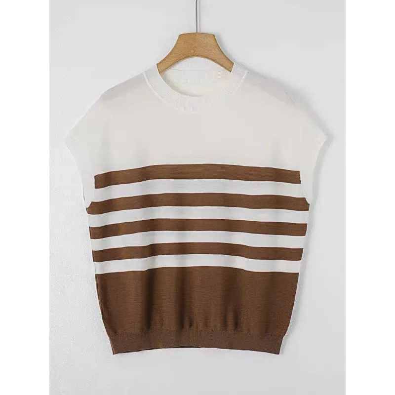 Pre Order: Striped Knitted Round Neck Short Sleeve Loose Top