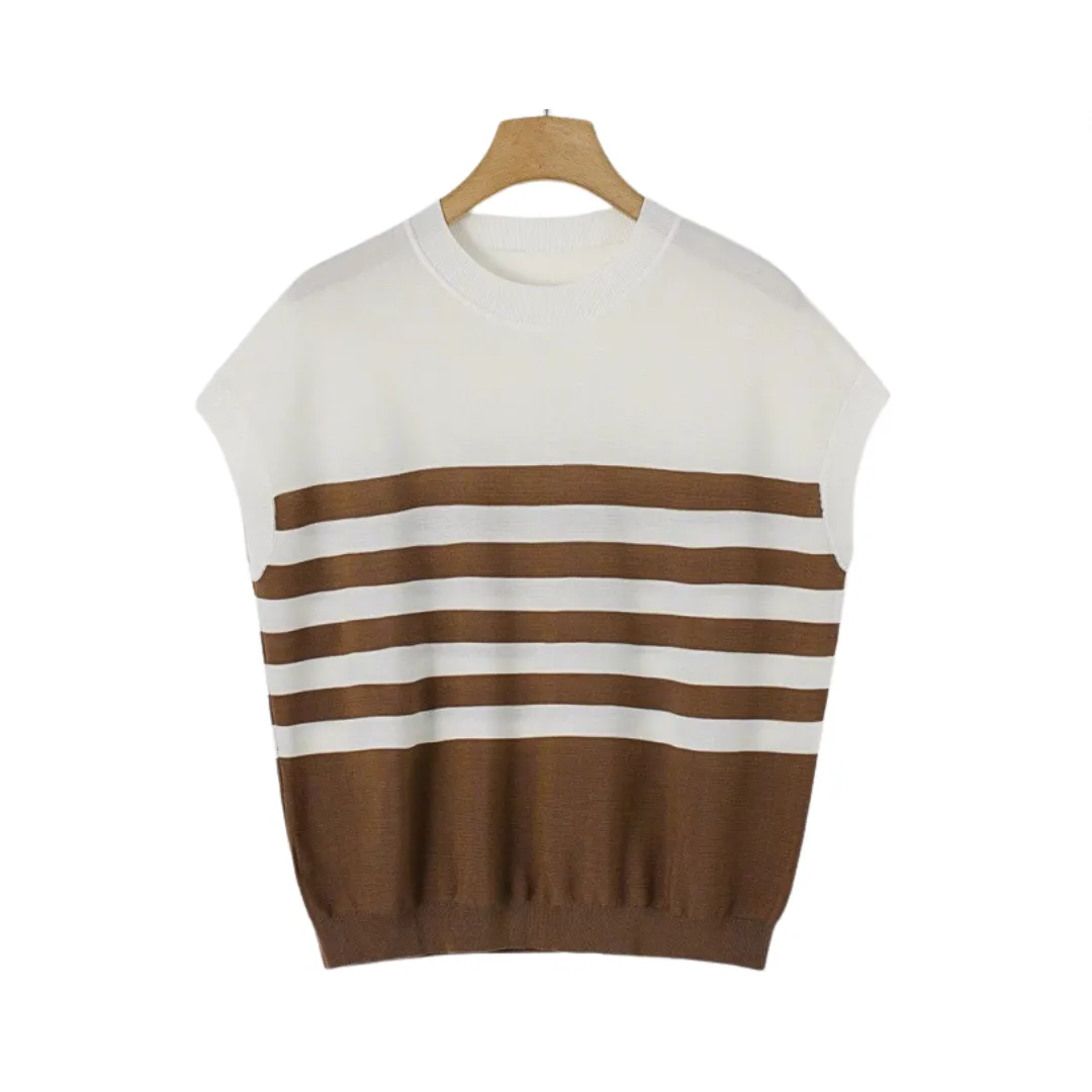 Pre Order: Striped Knitted Round Neck Short Sleeve Loose Top