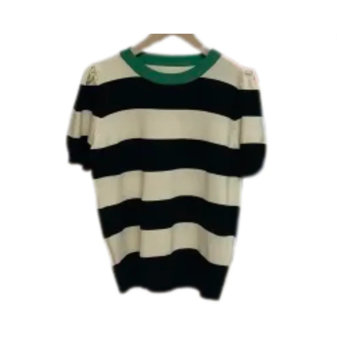 Pre Order:  Striped Short Sleeve Round Neck Knitted T-Shirt