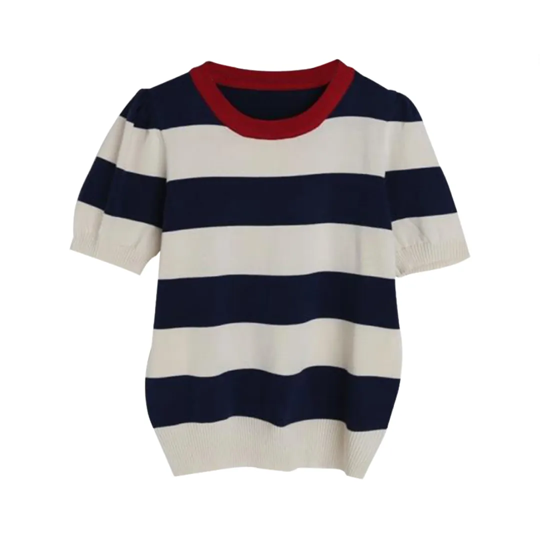 Pre Order:  Striped Short Sleeve Round Neck Knitted T-Shirt