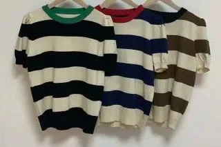 Pre Order:  Striped Short Sleeve Round Neck Knitted T-Shirt