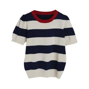 Pre Order:  Striped Short Sleeve Round Neck Knitted T-Shirt