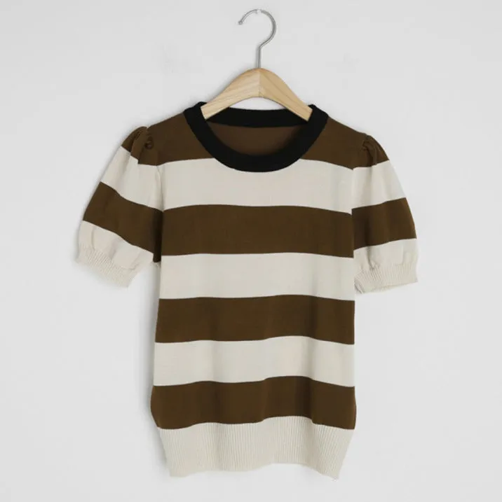 Pre Order:  Striped Short Sleeve Round Neck Knitted T-Shirt