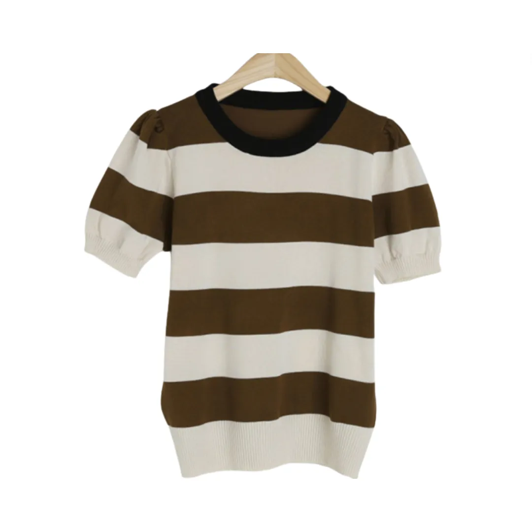 Pre Order:  Striped Short Sleeve Round Neck Knitted T-Shirt