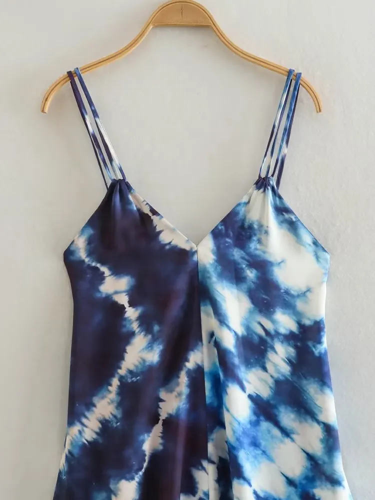 Pre Order:  Two-Tone Blue Tie-Dye V-Neck Sleeveless Midi Dress