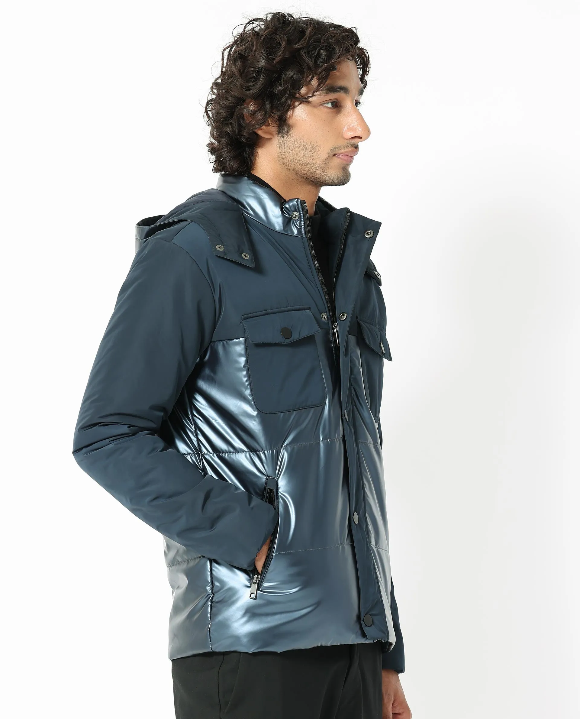 Rare Rabbit Men's Ragon Dark Blue Two-Tone With Detachable Hood Metallic Jacket