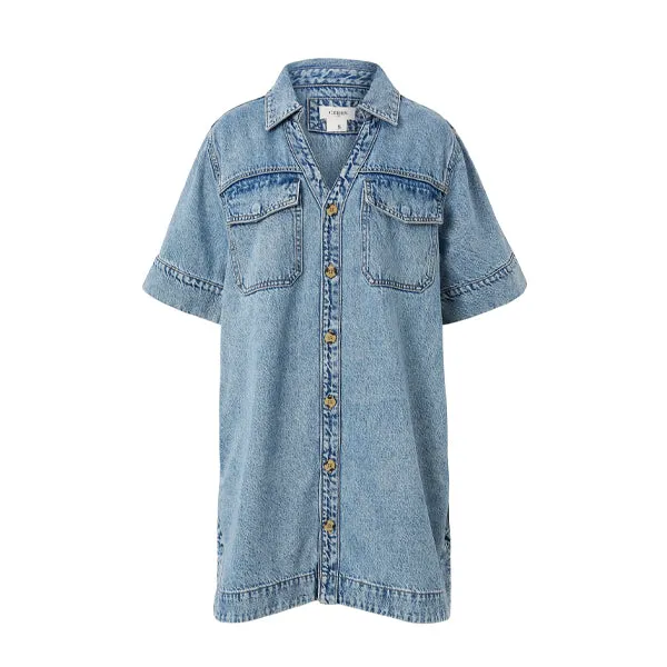 Relaxed Short Sleeve Shirt Dress - Vintage Blue