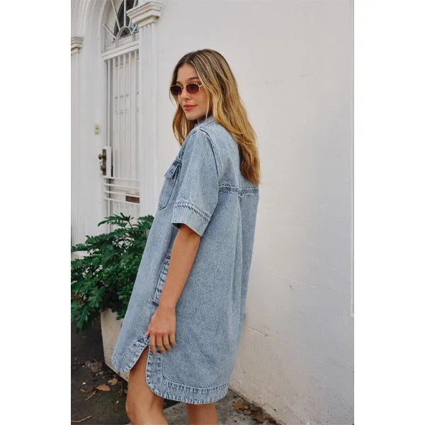 Relaxed Short Sleeve Shirt Dress - Vintage Blue