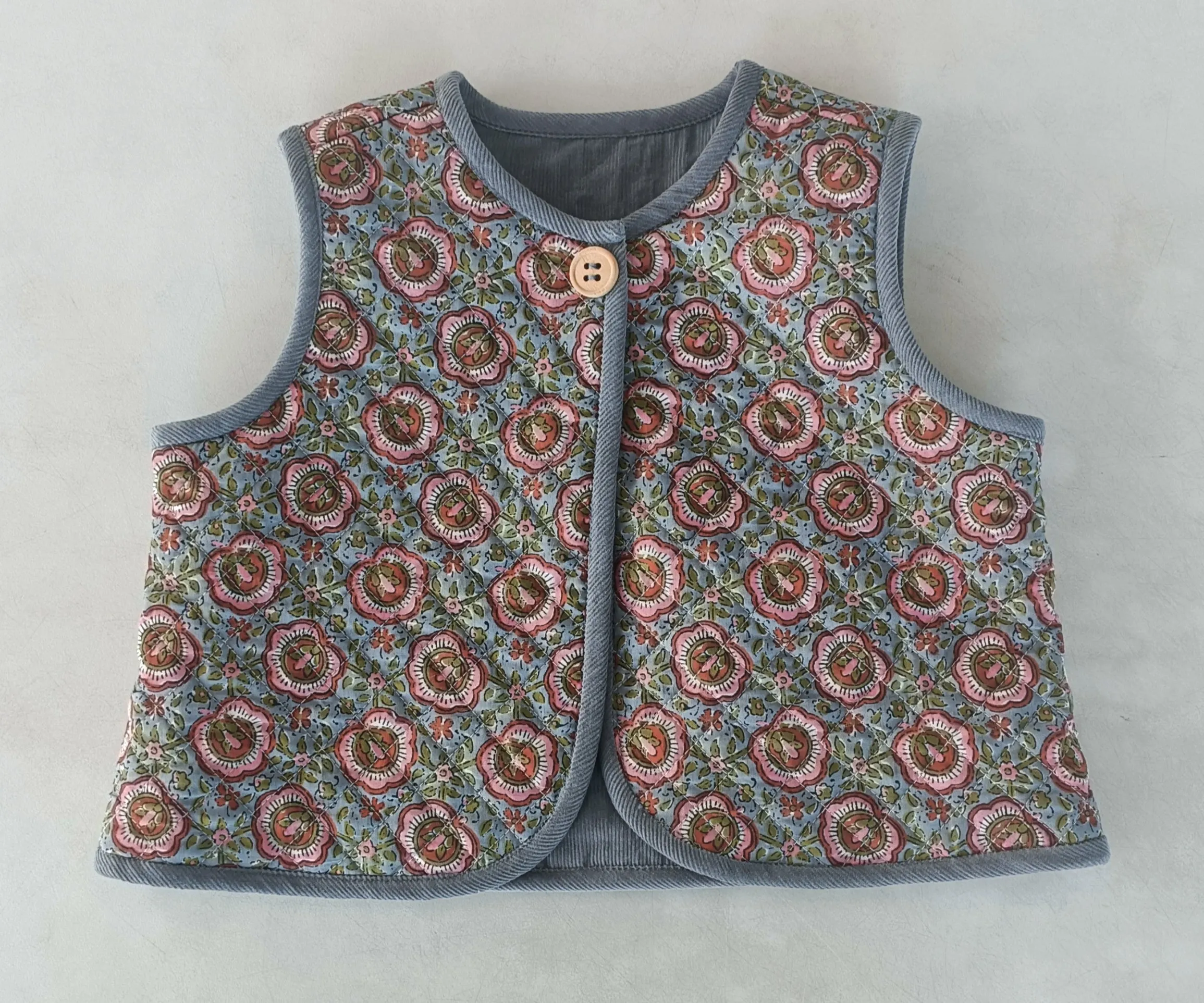 Reversible Grey Corduroy & Grey Floral Print Quilted Sleeveless Jacket