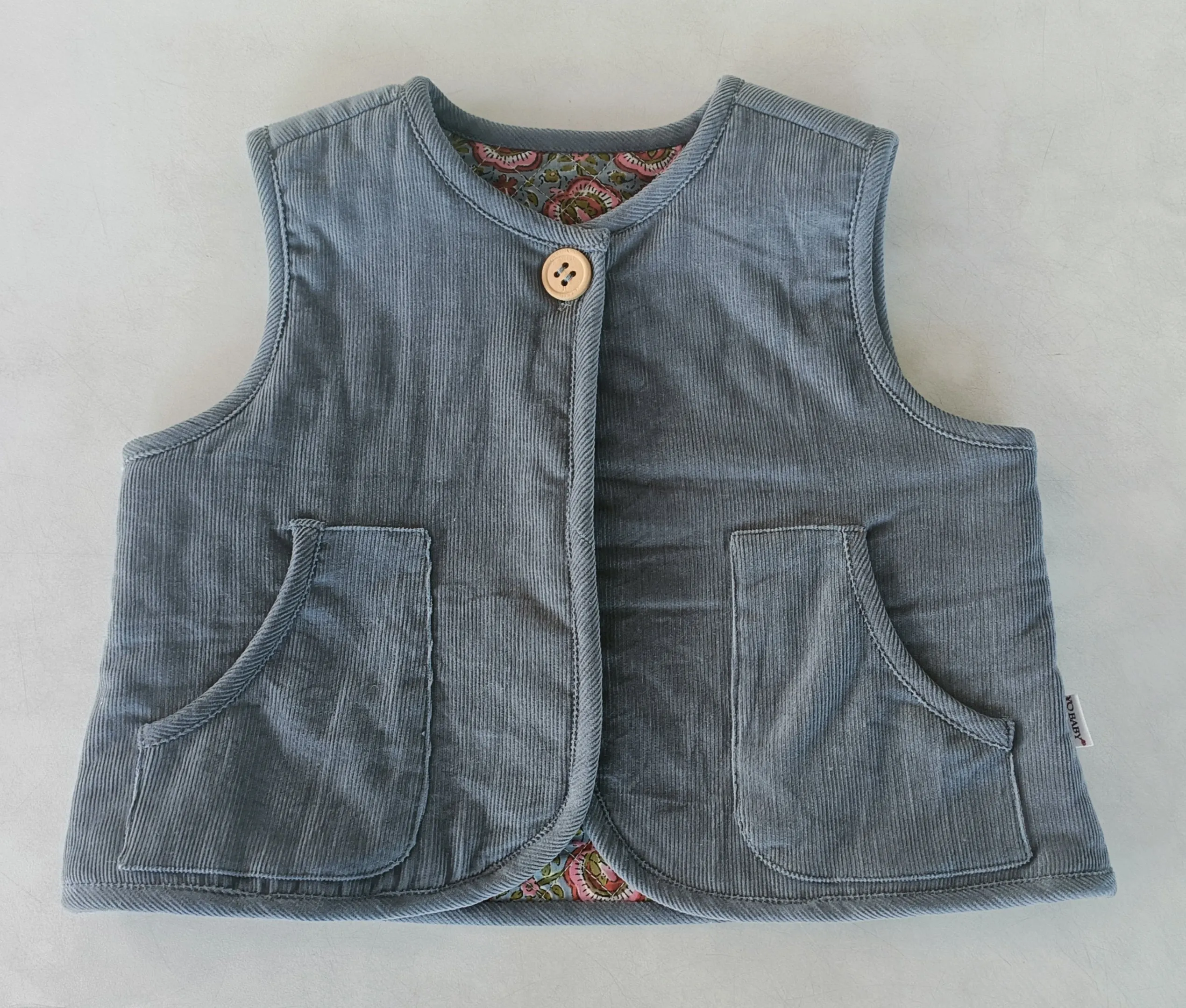 Reversible Grey Corduroy & Grey Floral Print Quilted Sleeveless Jacket