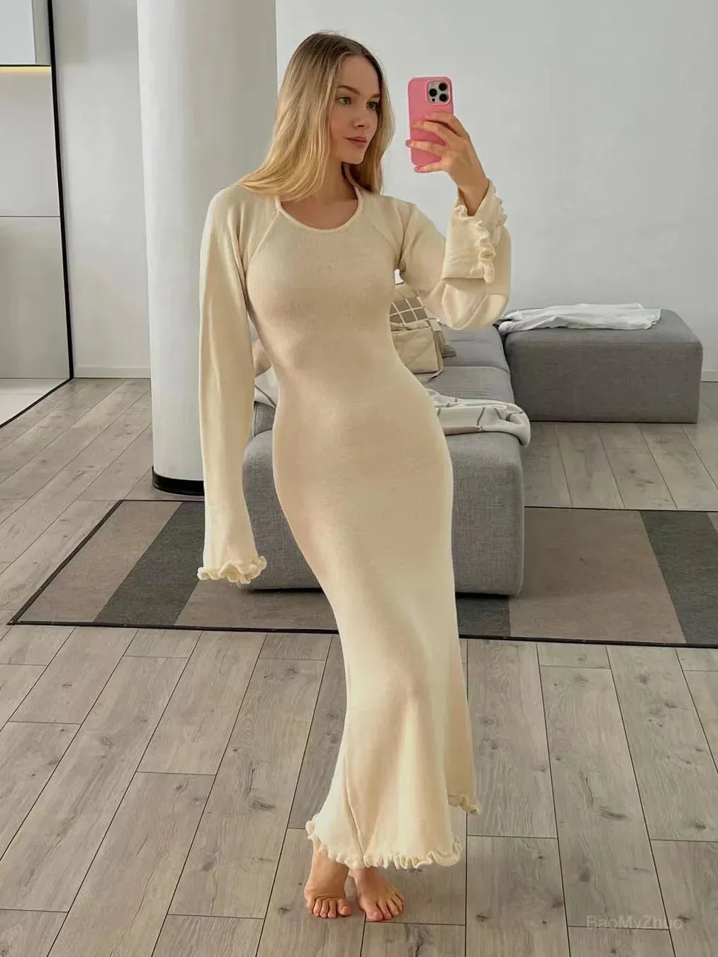 Ribbed Solid Cocktail Knit Long 2024 Sexy Party Trim Sleeve Bodycon Ruffle Dress