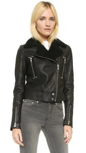 Rosie Huntington Whiteley Black Leather Shearling Jacket For Women