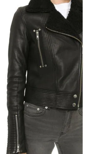 Rosie Huntington Whiteley Black Leather Shearling Jacket For Women