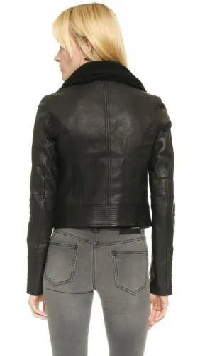 Rosie Huntington Whiteley Black Leather Shearling Jacket For Women