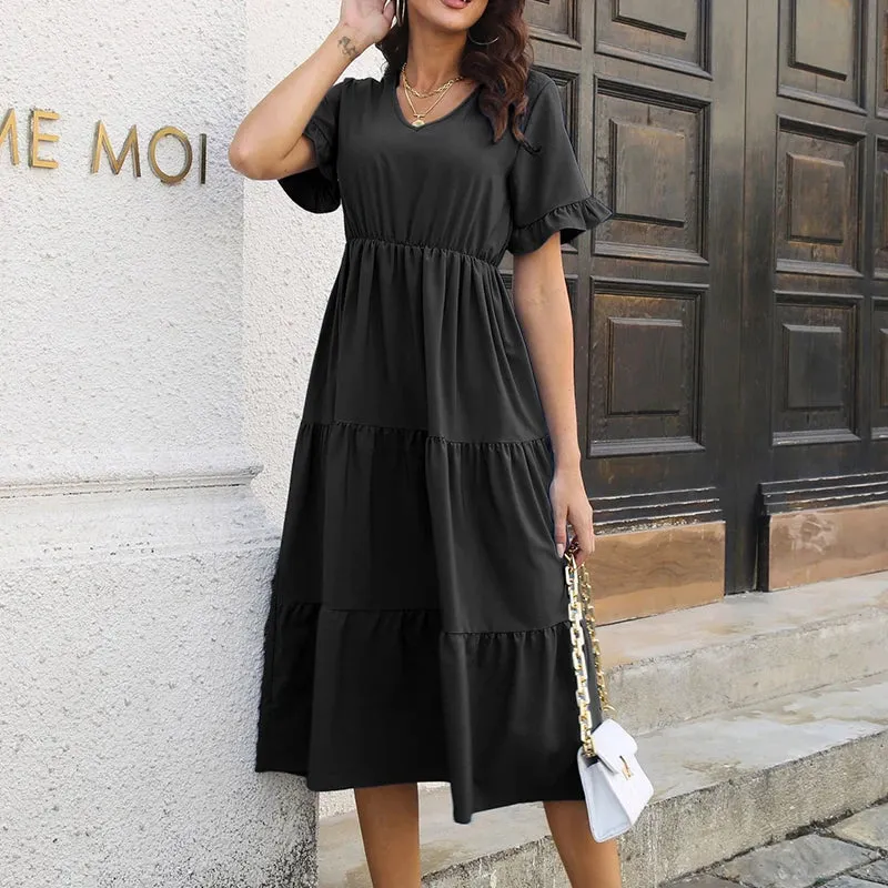 Ruffle Short Sleeve V-Neck Solid Color Layered Swing A-line Midi Dress