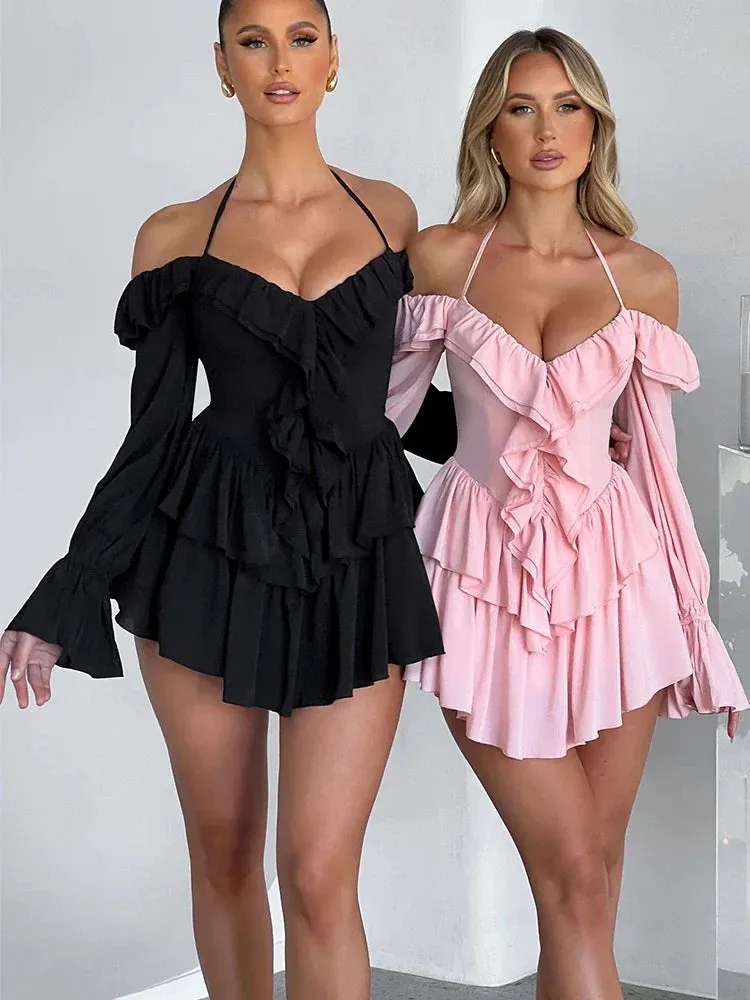 Ruffle Sleeve Halter Slim Nightclub Sexy Party Autumn Winter Mini Dress