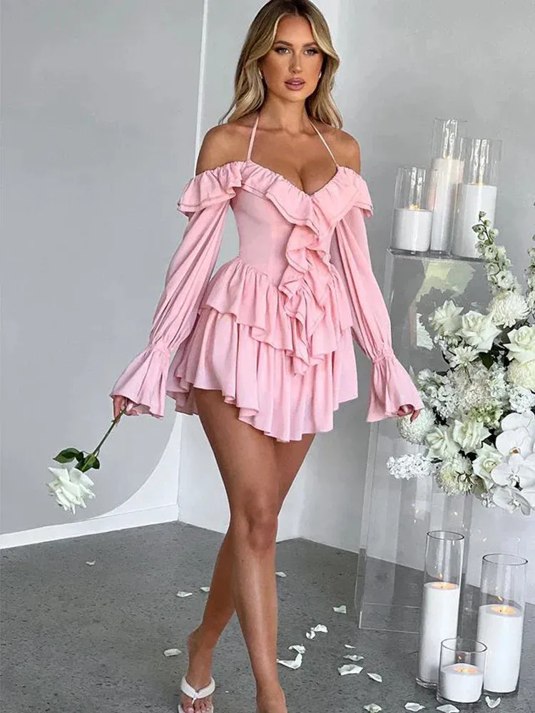 Ruffle Sleeve Halter Slim Nightclub Sexy Party Autumn Winter Mini Dress