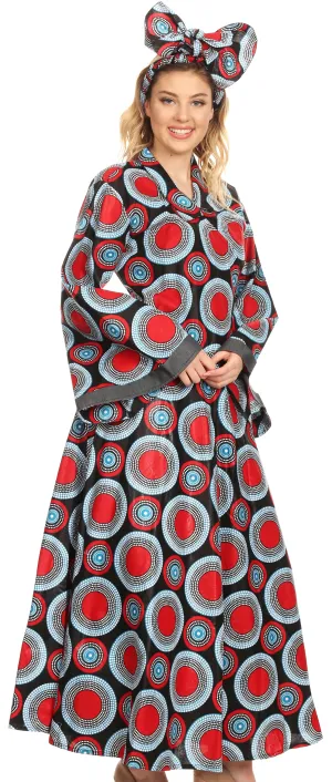 Sakkas Dolores Women's African Ankara Long Sleeve V neck Maxi Long Shirt Dress