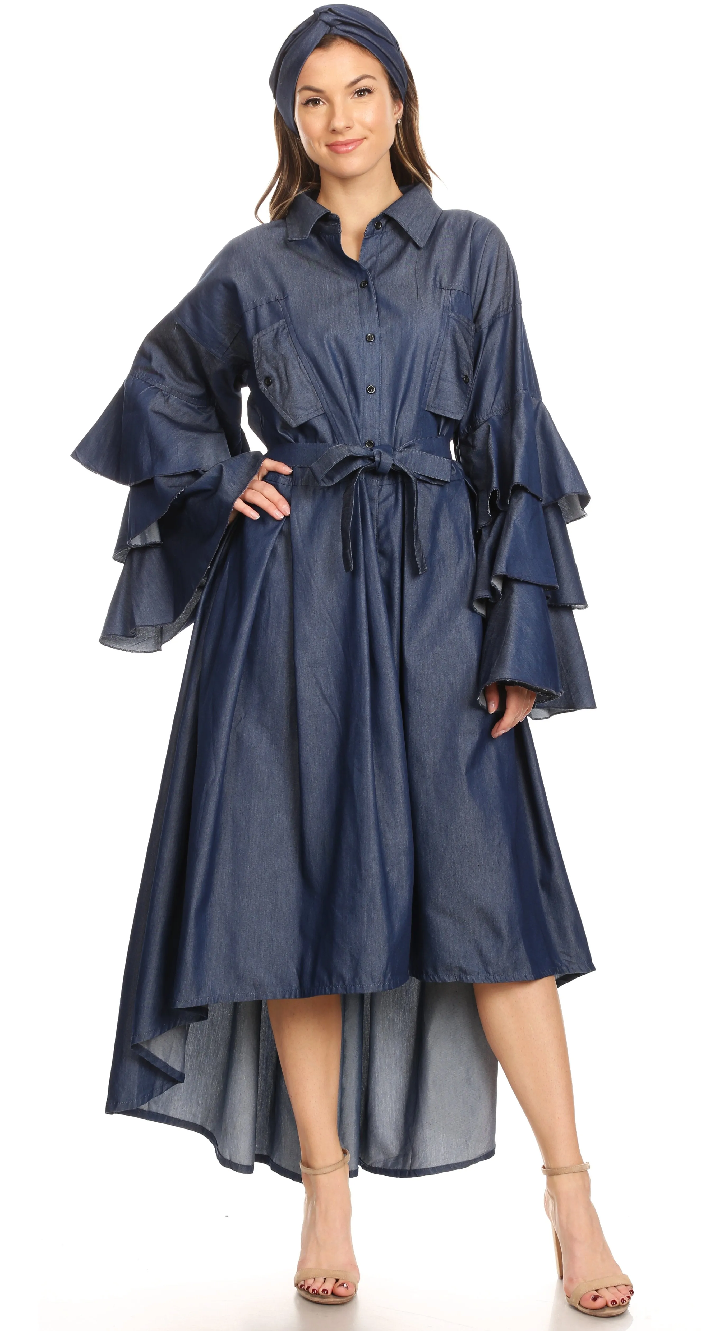 Sakkas Esila Women Chambray Long Sleeve Loose Plain Maxi Shirt Dress High-low Boho