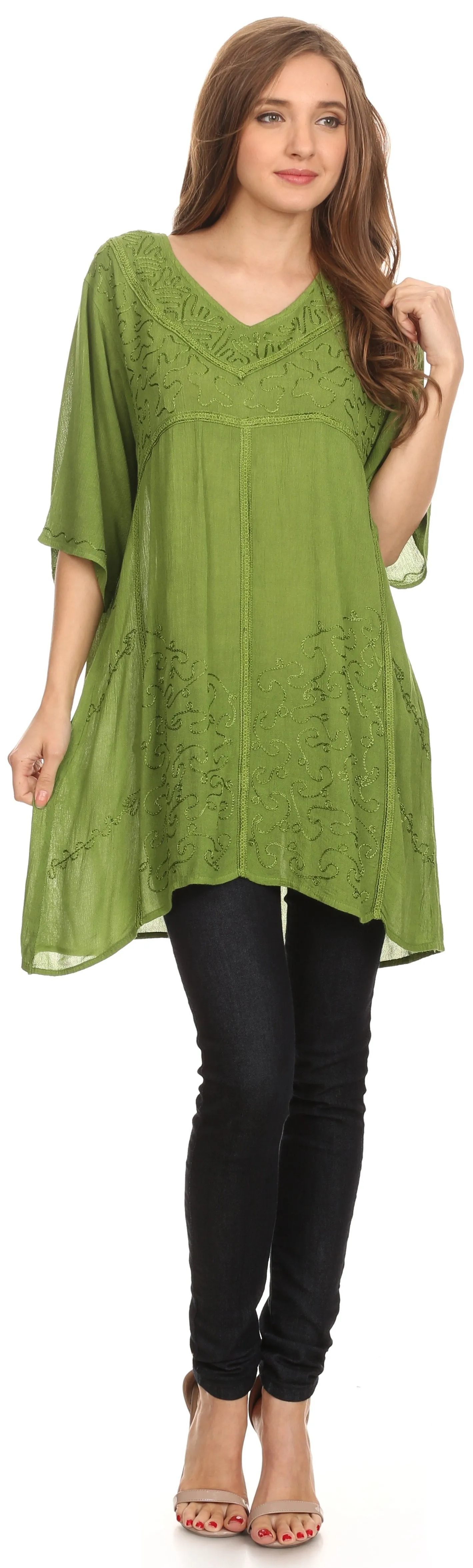 Sakkas Gaya Long Tall Embroidered V-Neck Blouse Top With Mid Length Sleeves