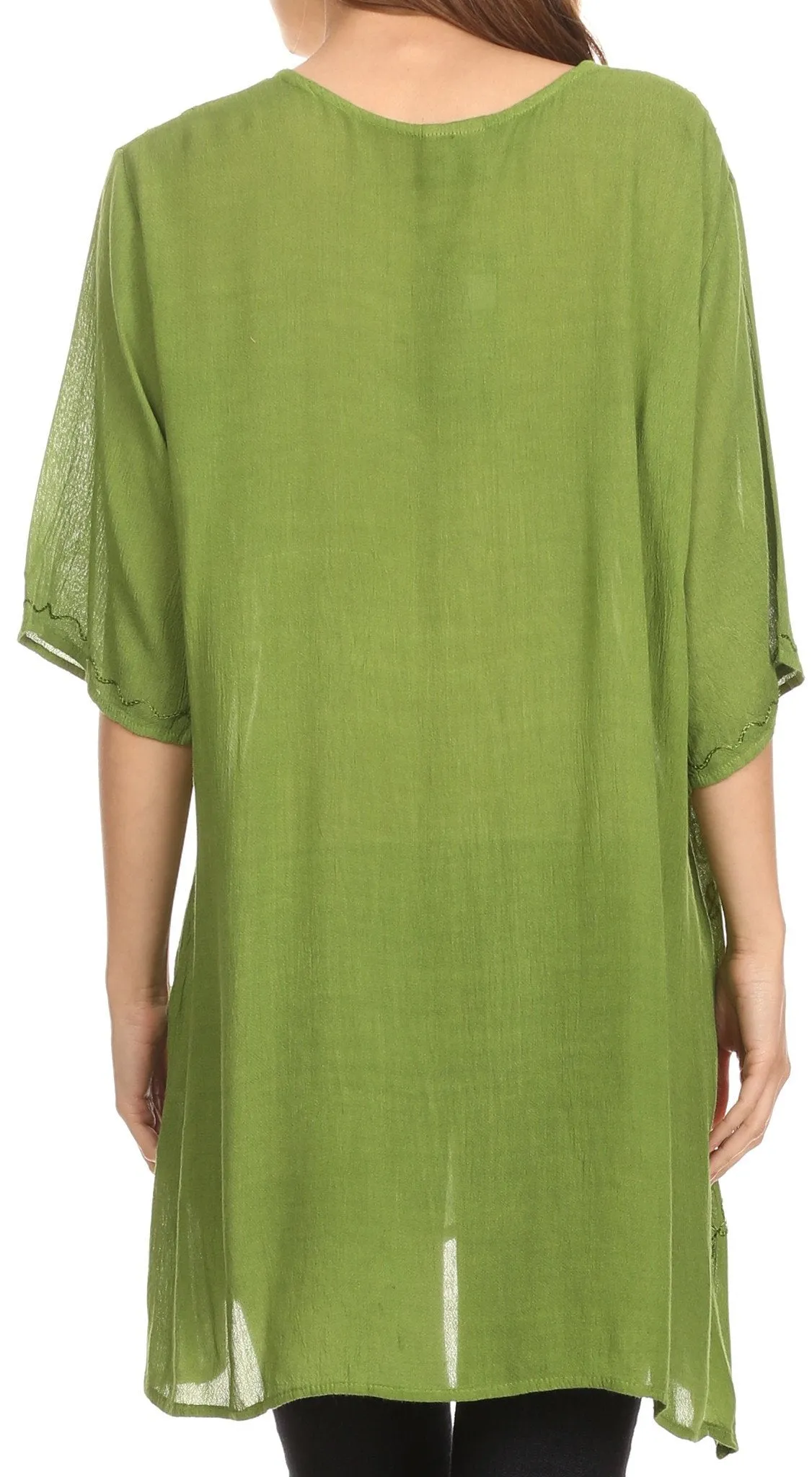 Sakkas Gaya Long Tall Embroidered V-Neck Blouse Top With Mid Length Sleeves