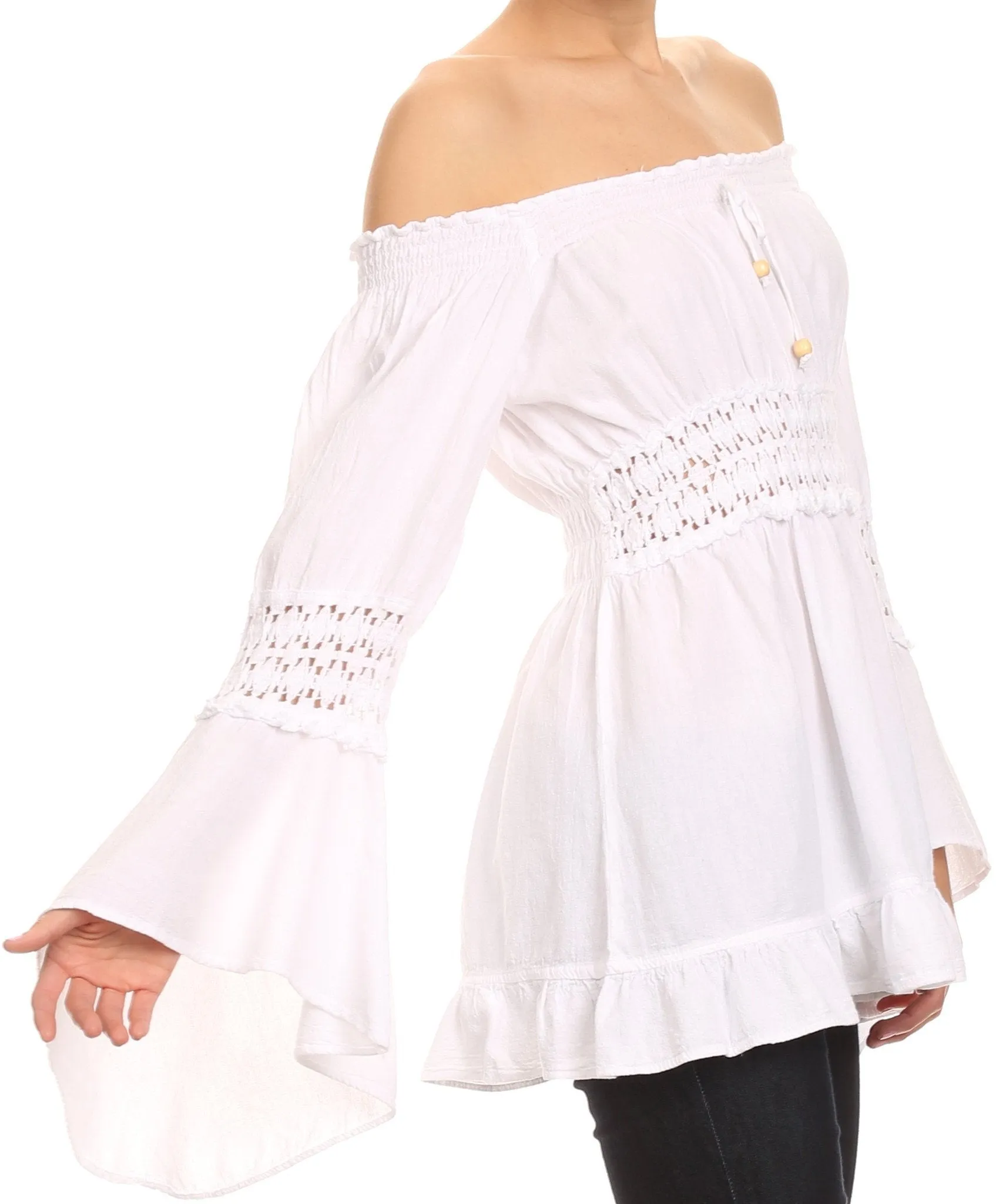 Sakkas Malea Crinkle Crochet Embroidered Long Tall Semi Opaque Blouse Shirt Top