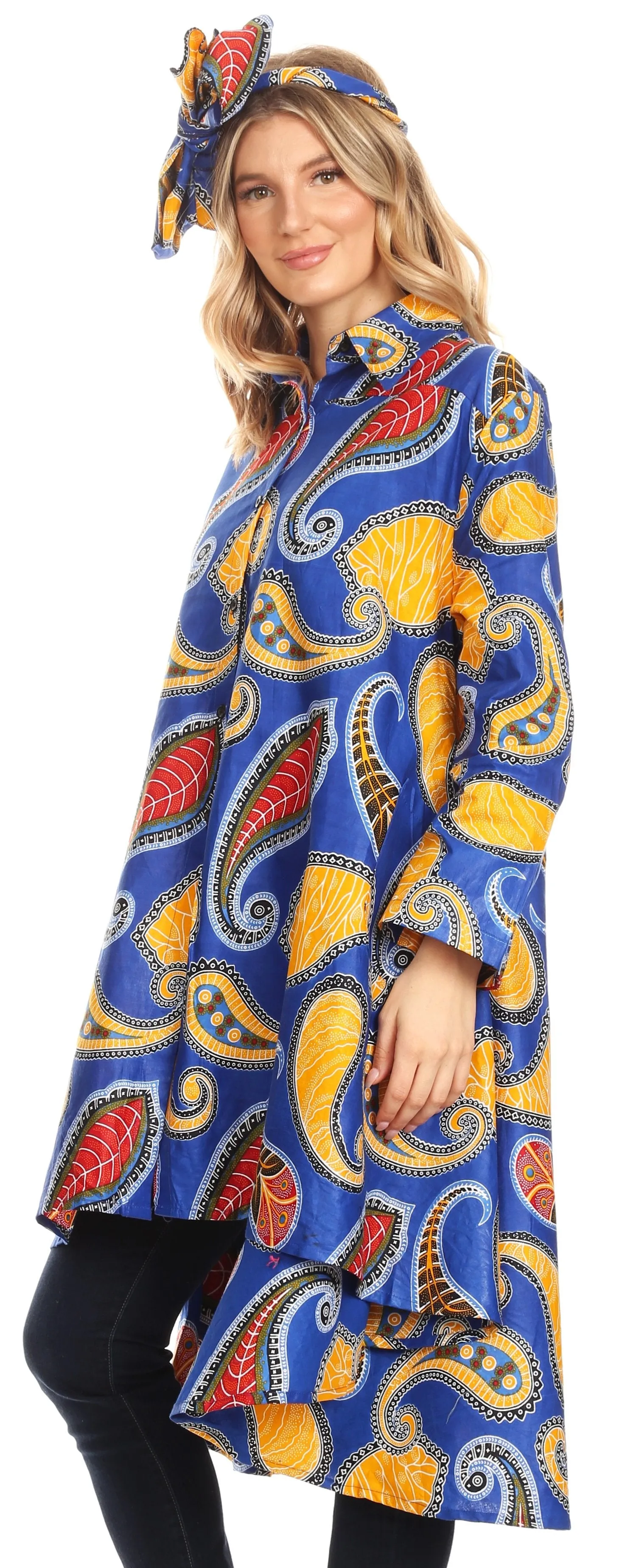 Sakkas Sol Womens Summer Swing Loose Dress African Print Roll up Sleeve Button