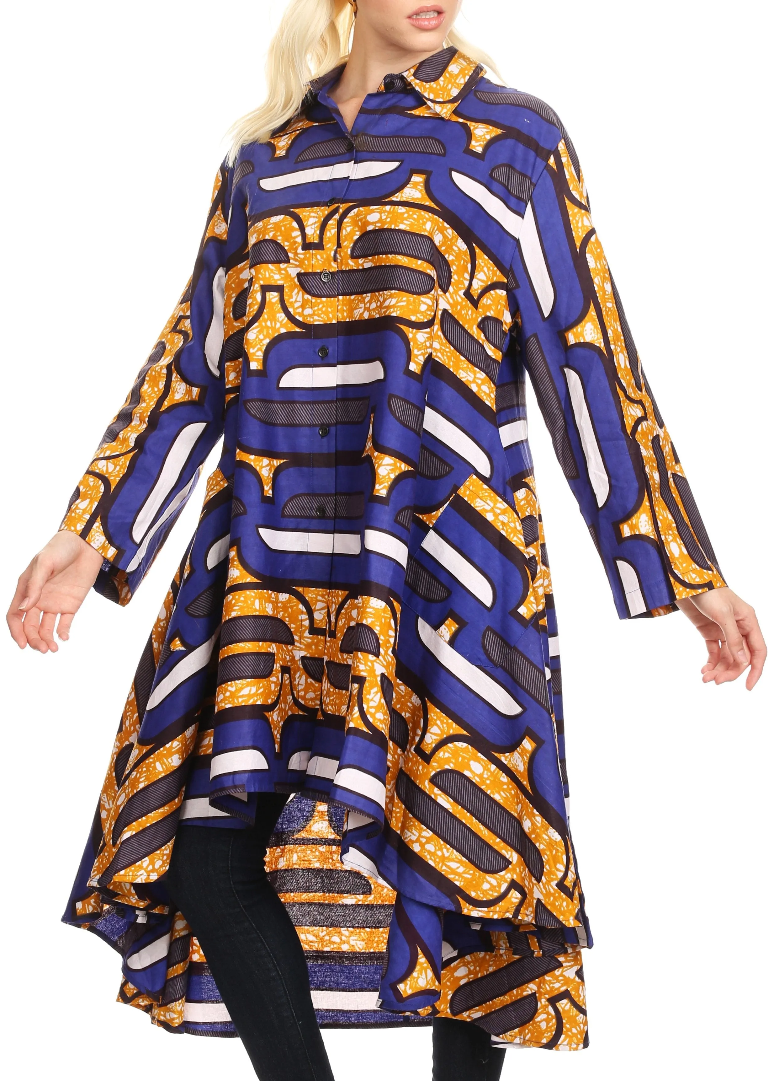 Sakkas Sol Womens Summer Swing Loose Dress African Print Roll up Sleeve Button