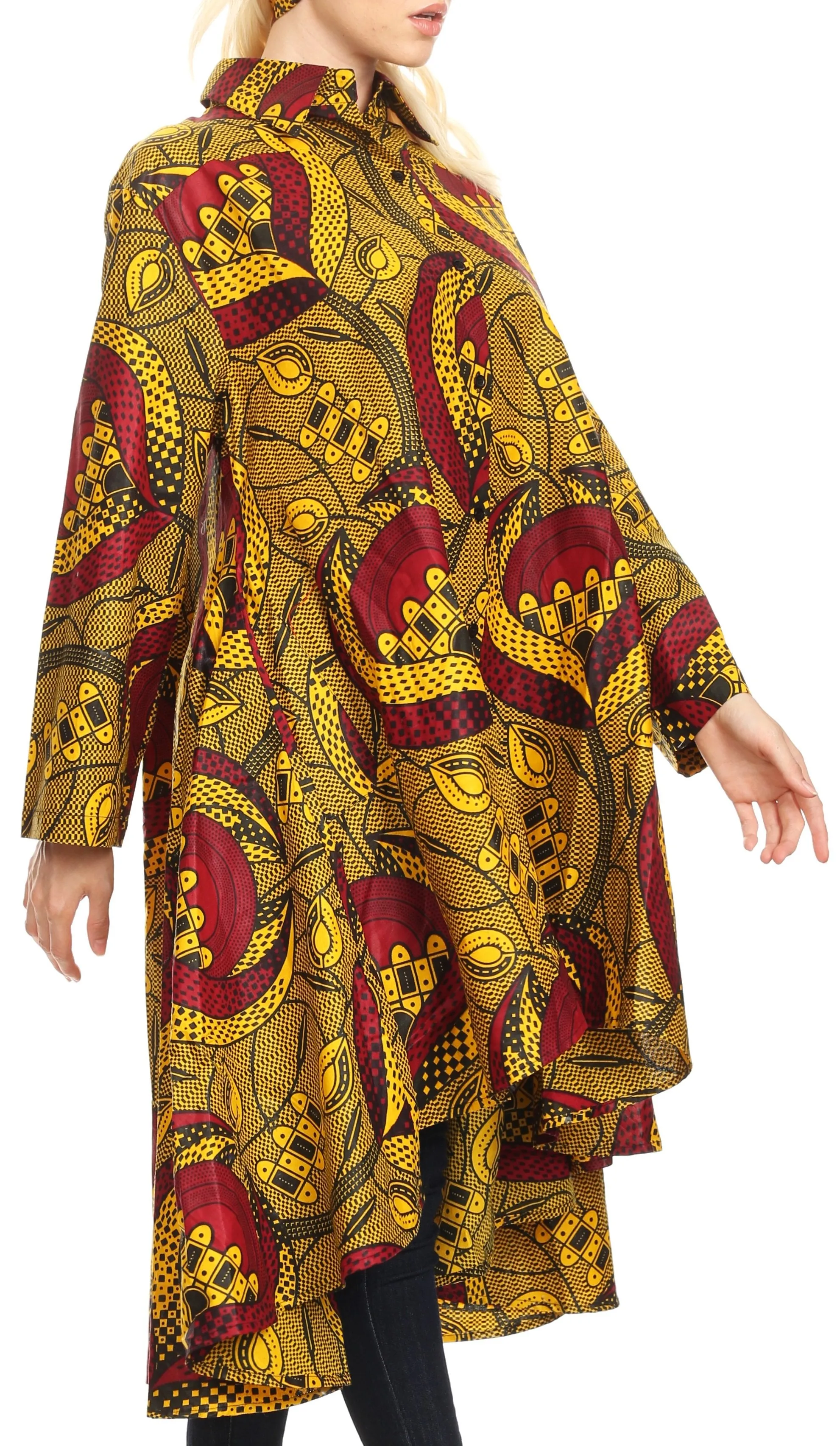 Sakkas Sol Womens Summer Swing Loose Dress African Print Roll up Sleeve Button