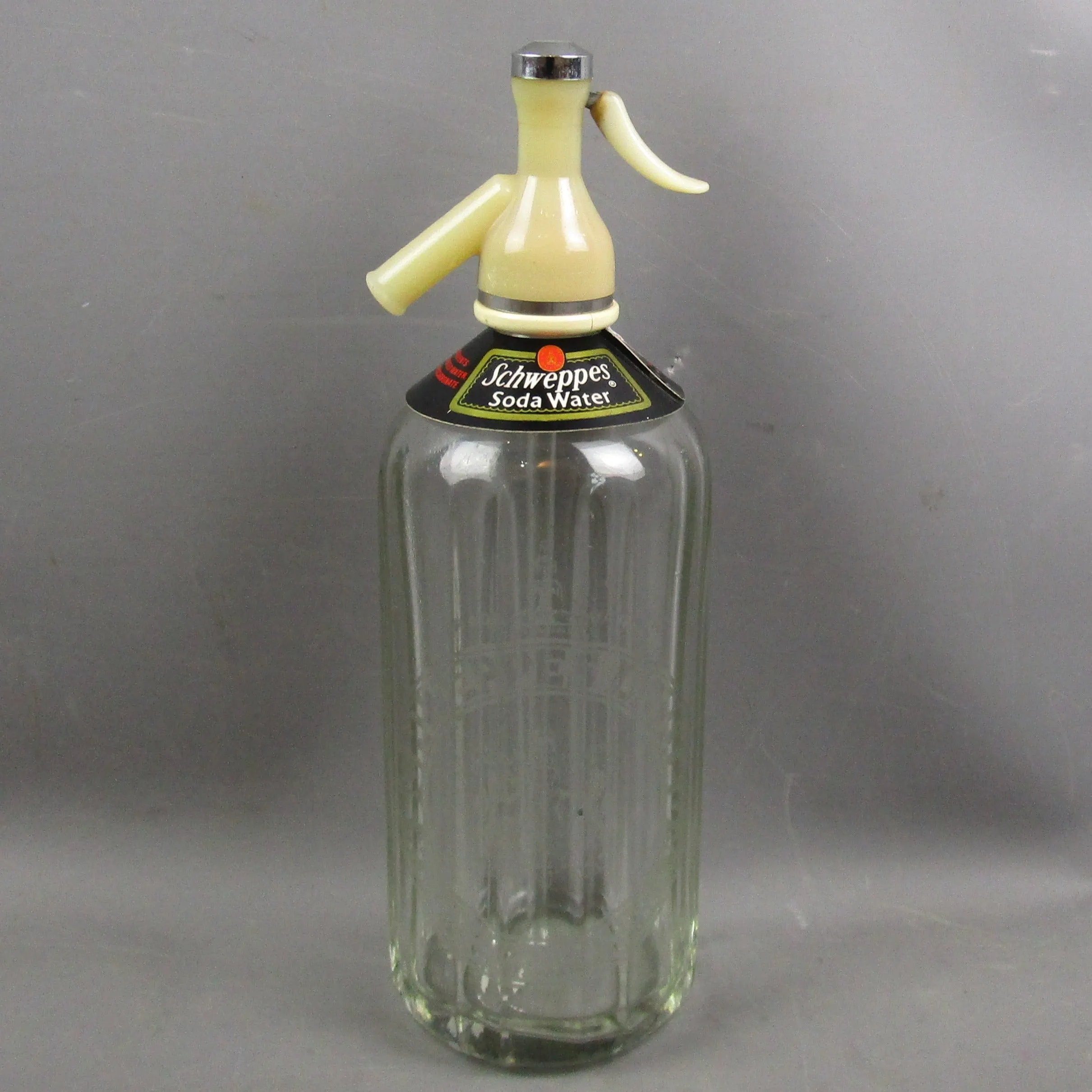 Schweppes Etched Glass Soda Syphon With Neck Label Vintage c1950