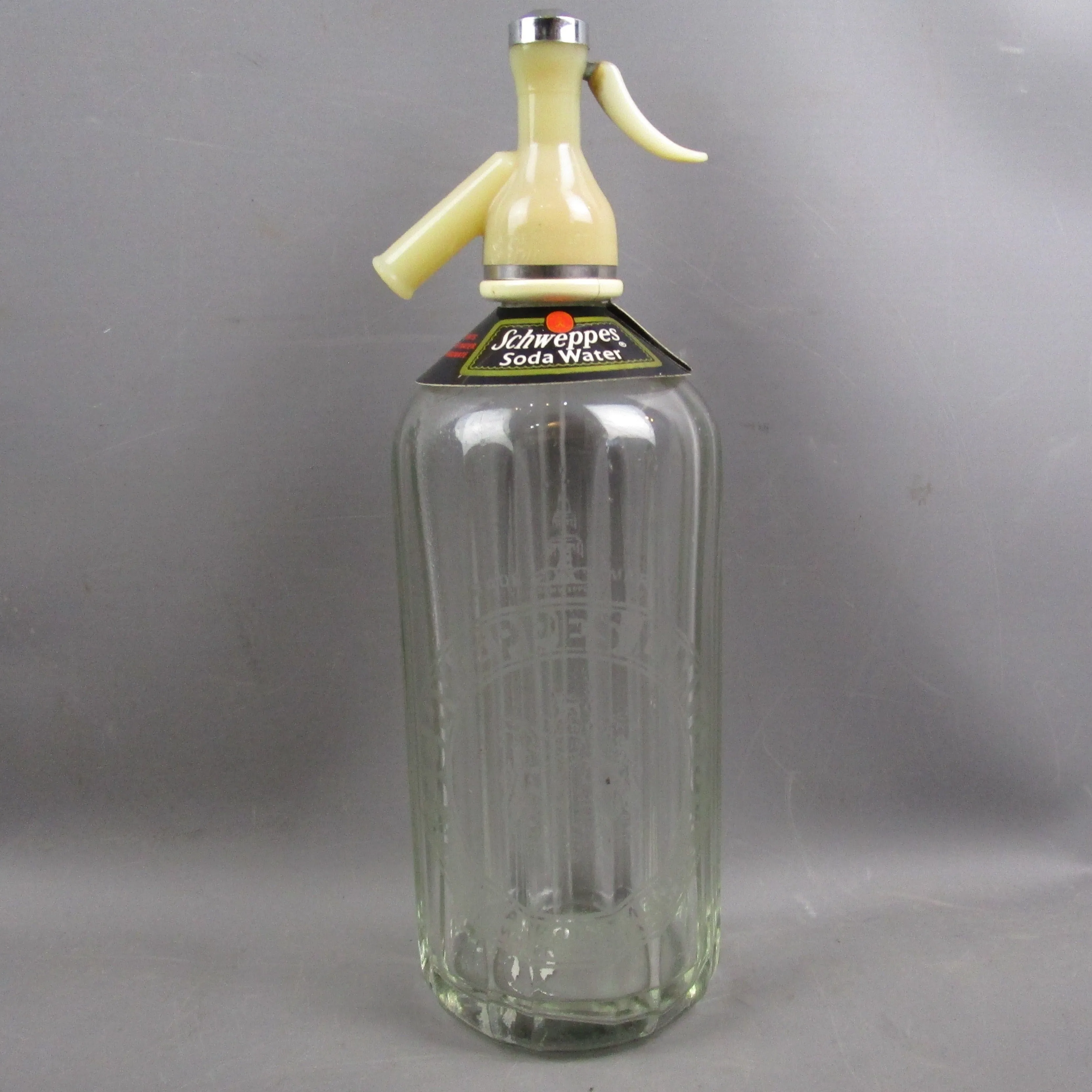 Schweppes Etched Glass Soda Syphon With Neck Label Vintage c1950