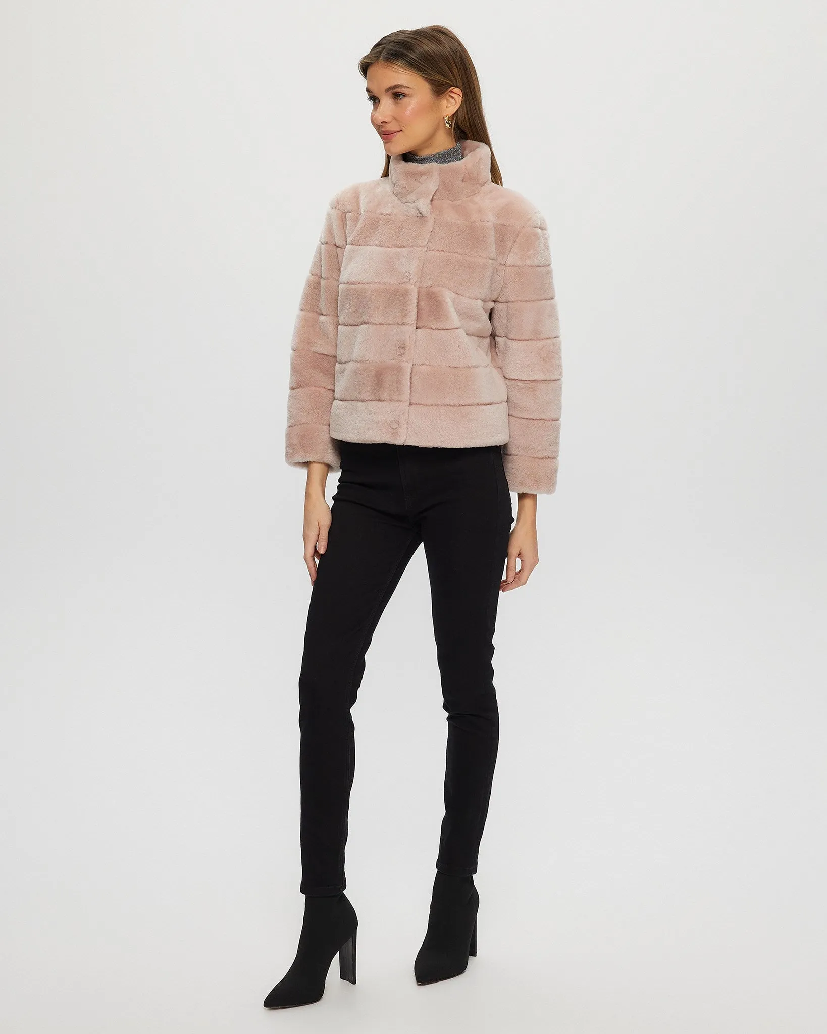 Select Shearling Lamb Horizontal Jacket with Cropped Sleeves