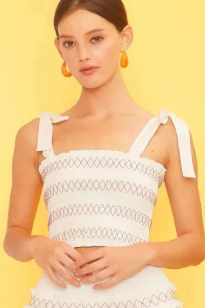 Self Tie Shoulder Smocking Ruffle Crop Top