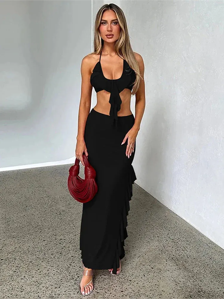 Sexy Party Ruffled Halter-neck Crop-top 2 Piece Dress