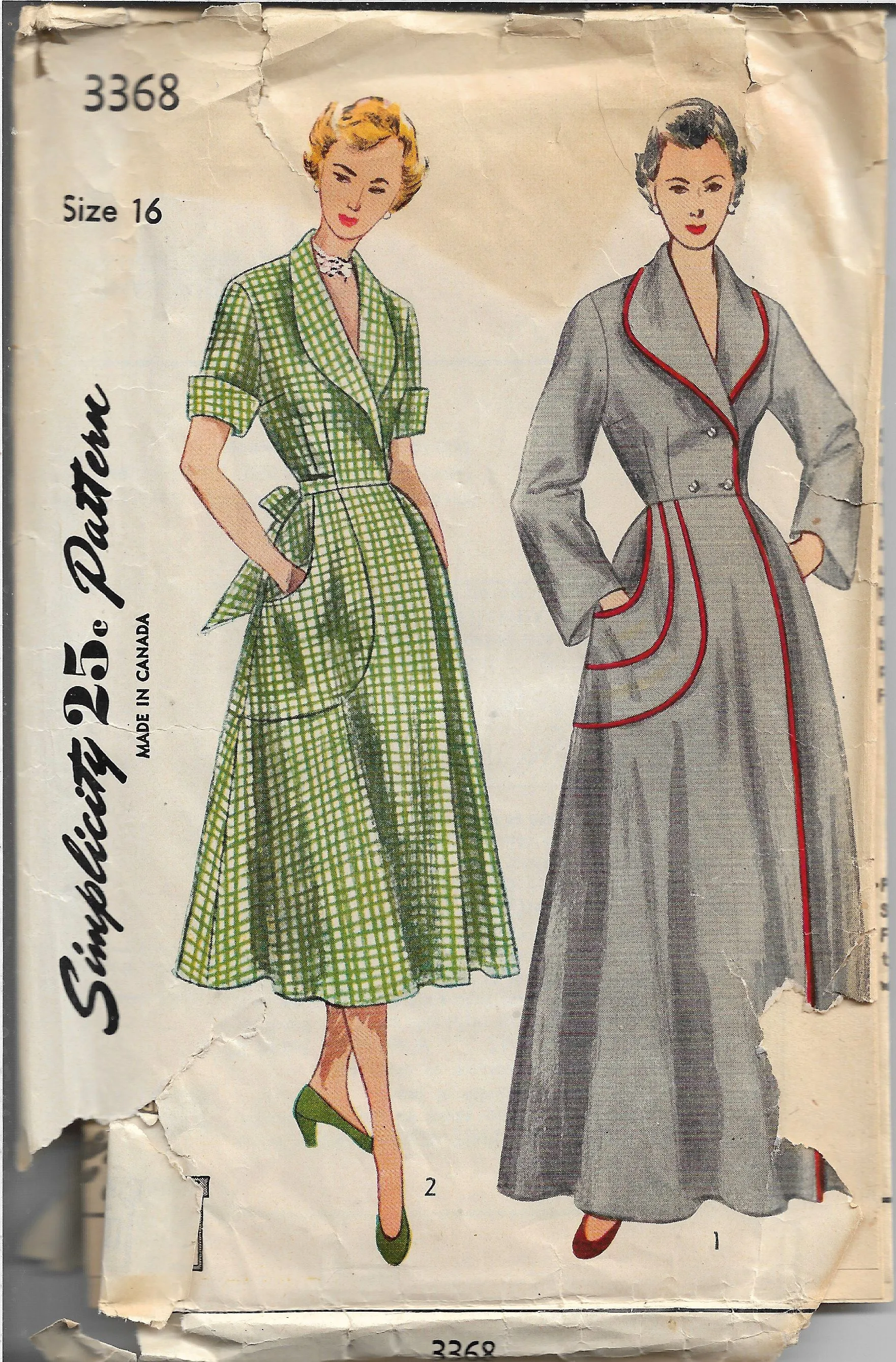 Simplicity 3368 Ladies Housecoat Robe Vintage Sewing Pattern 1950s