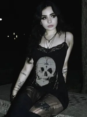 Skull Lace Harajuku Grunge Backless Punk Trim Print Party Cami Mini Emo Club Outfit