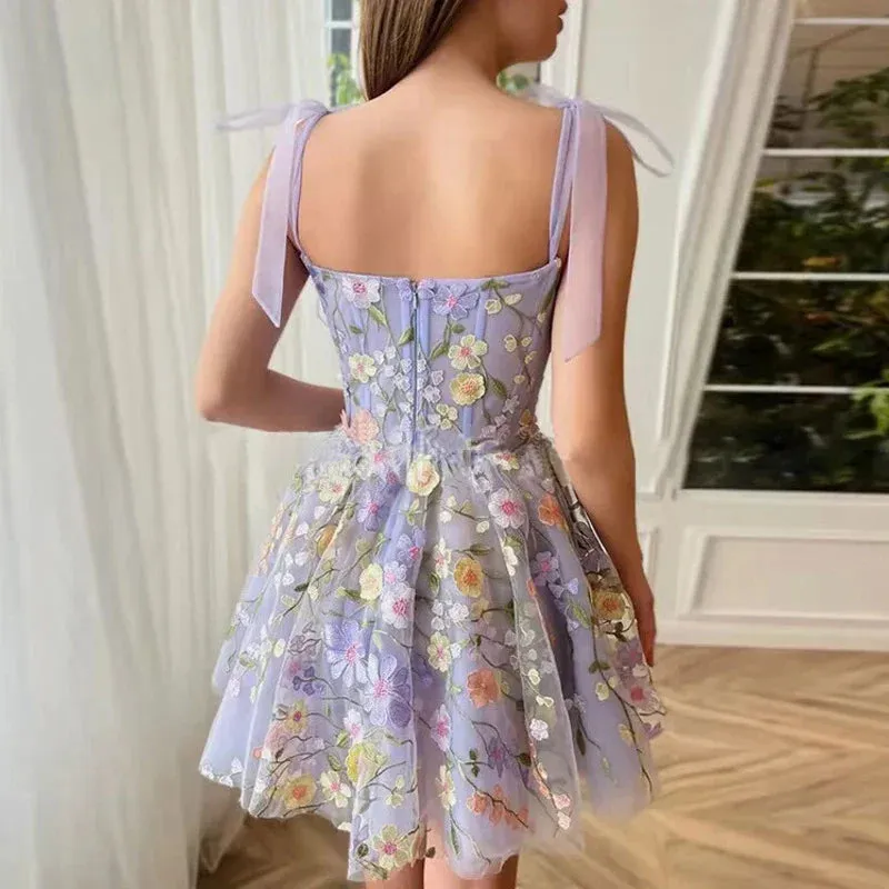 Slash Neck Embroidered Flower Fashion Mesh Suspenders Ladies Elegant Sleeveless Waist Mini Party Sexy Dress