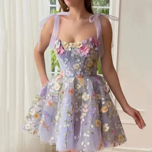 Slash Neck Embroidered Flower Fashion Mesh Suspenders Ladies Elegant Sleeveless Waist Mini Party Sexy Dress