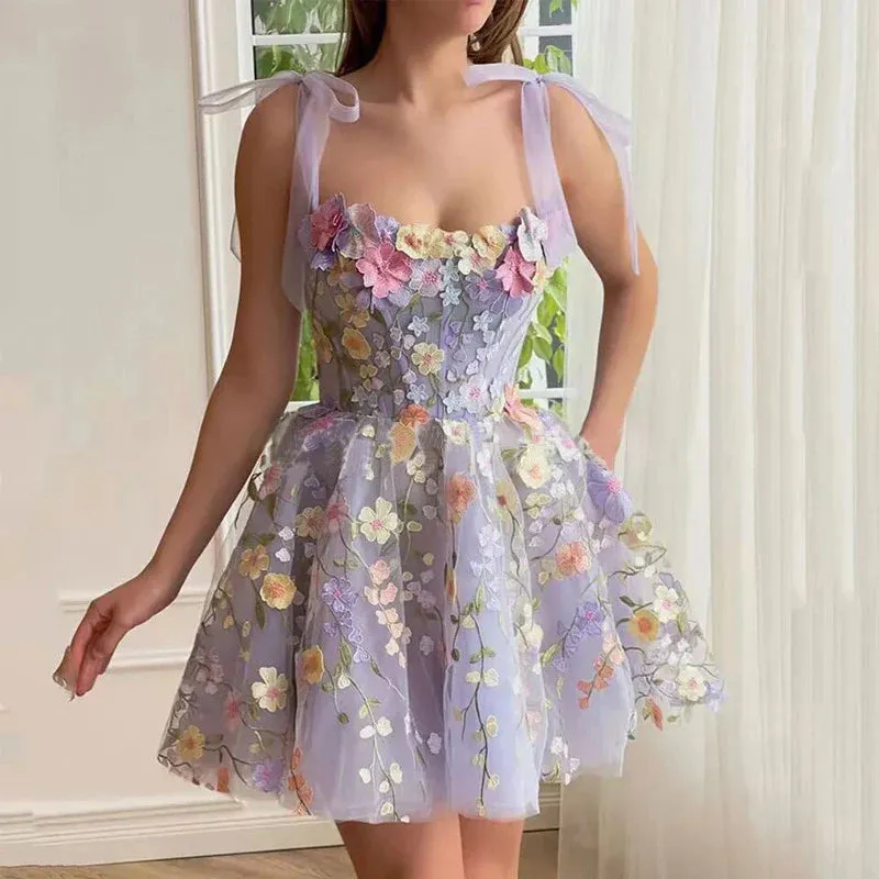 Slash Neck Embroidered Flower Fashion Mesh Suspenders Ladies Elegant Sleeveless Waist Mini Party Sexy Dress