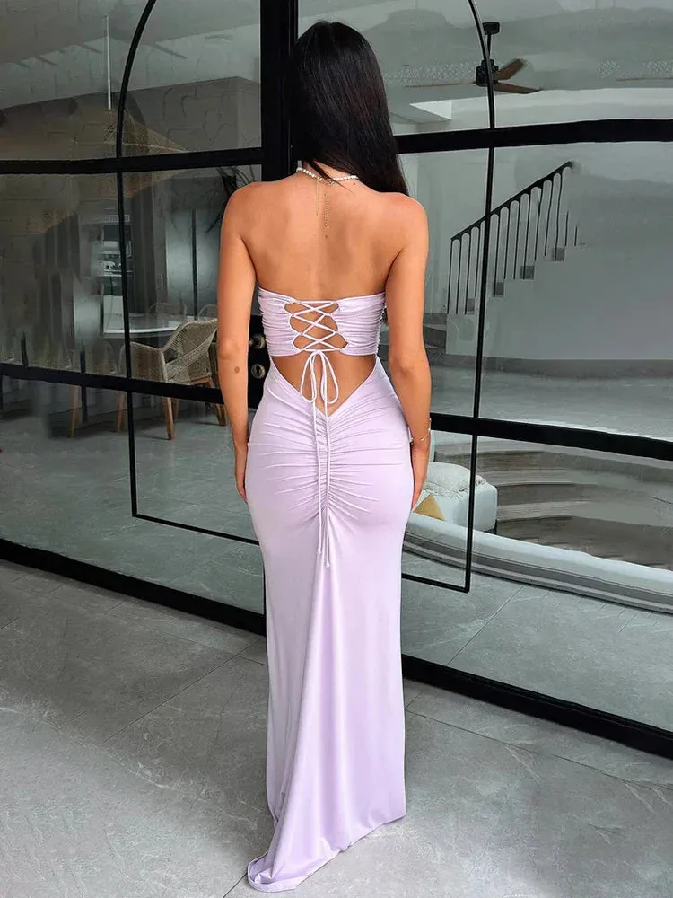 Slim Bodycon Bandage Pleated Backless Long Elegant Spring Summer Maxi Dress