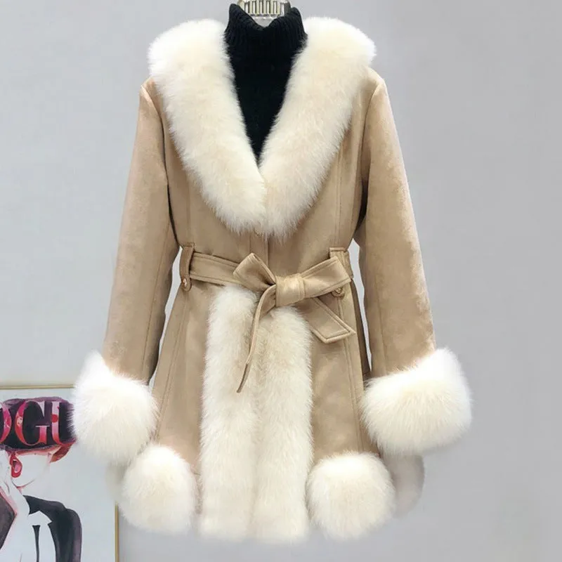 Slimming Leather Coat: Suede Fur Mid-Length Western Style