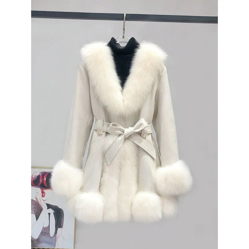 Slimming Leather Coat: Suede Fur Mid-Length Western Style