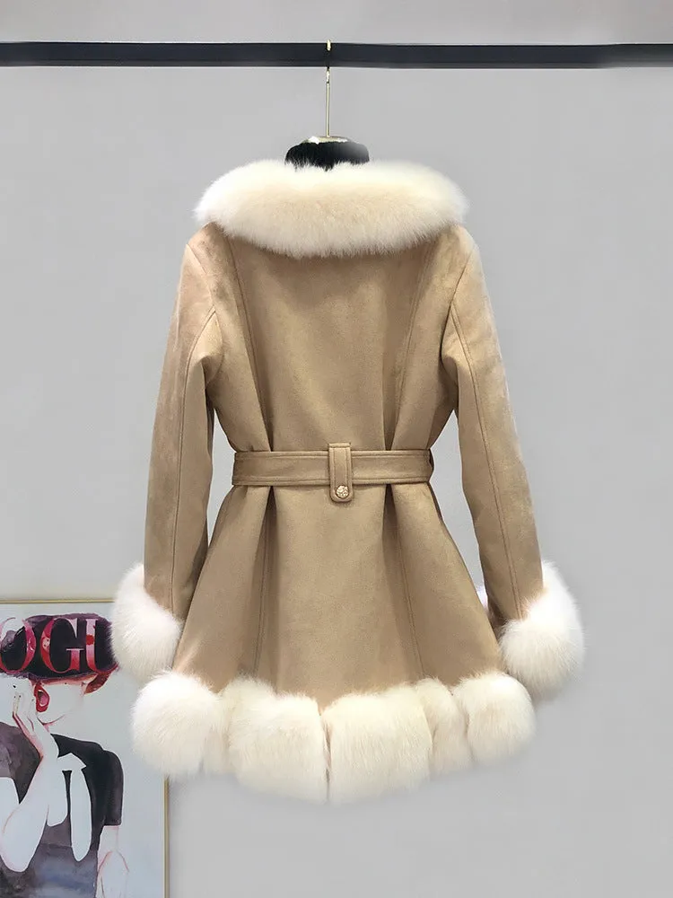 Slimming Leather Coat: Suede Fur Mid-Length Western Style