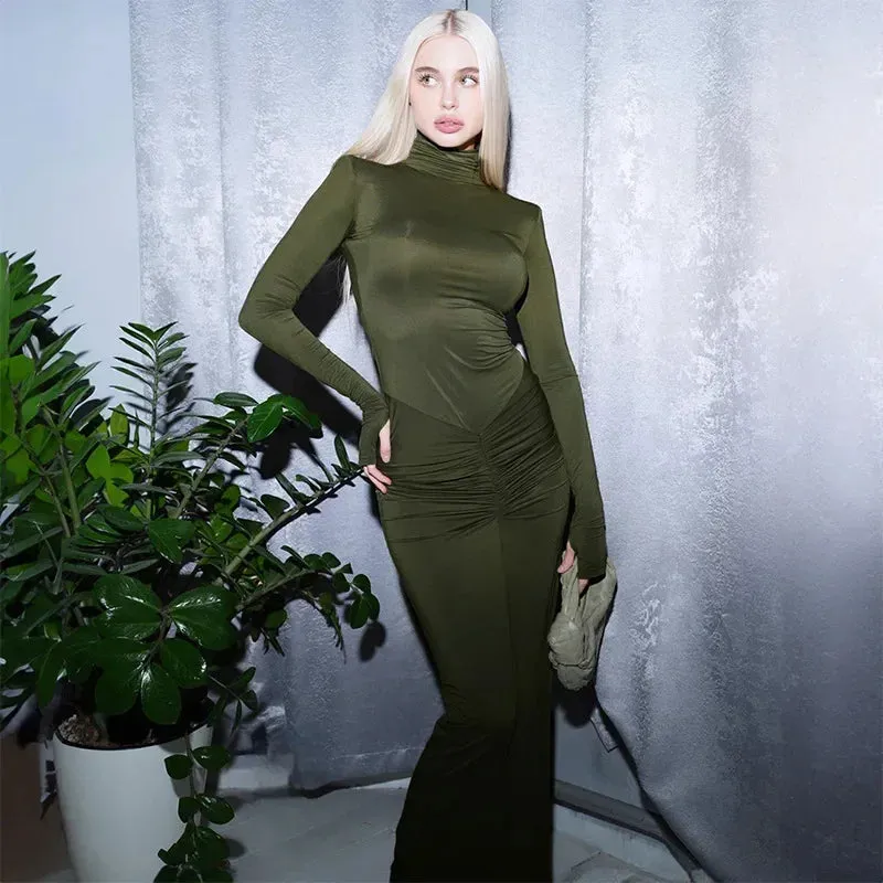 Solid Turtleneck Long Sleeve Bodycon Ruched Maxi Dress for Autumn/Winter 2024 Christmas Club Party