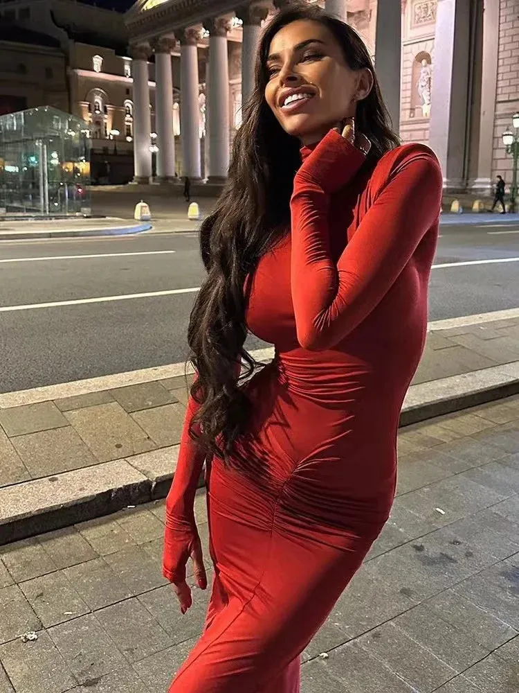 Solid Turtleneck Long Sleeve Bodycon Ruched Maxi Dress for Autumn/Winter 2024 Christmas Club Party