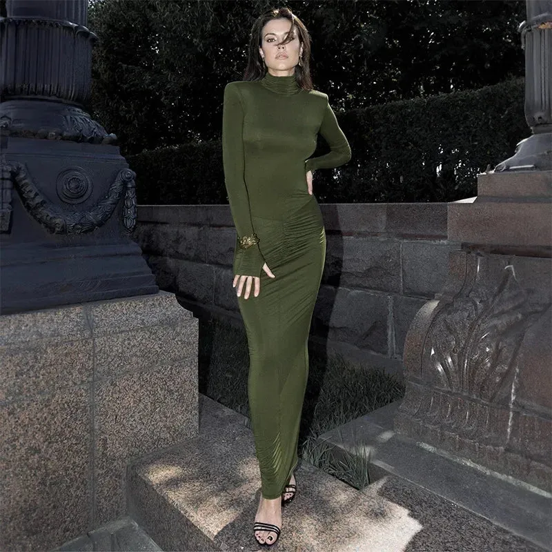 Solid Turtleneck Long Sleeve Bodycon Ruched Maxi Dress for Autumn/Winter 2024 Christmas Club Party