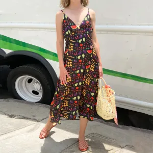 Strap Sleeveless Fruit Print V-Neck Backless Summer Spaghetti Dress