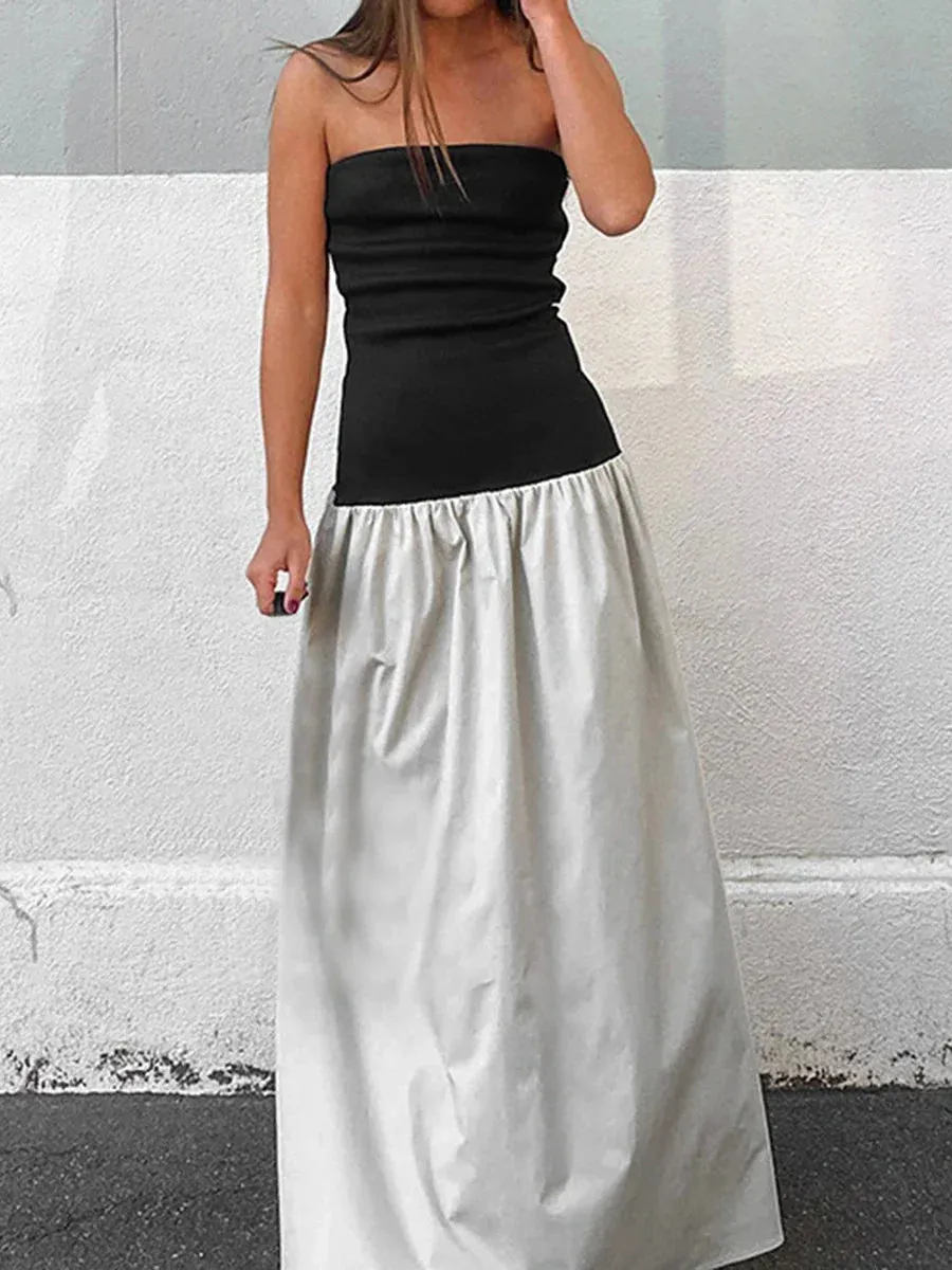 Strapless Long Dress Sleeveless Contrast Color Tube Beach Basics Versatility 2024 Casual Women's Dress