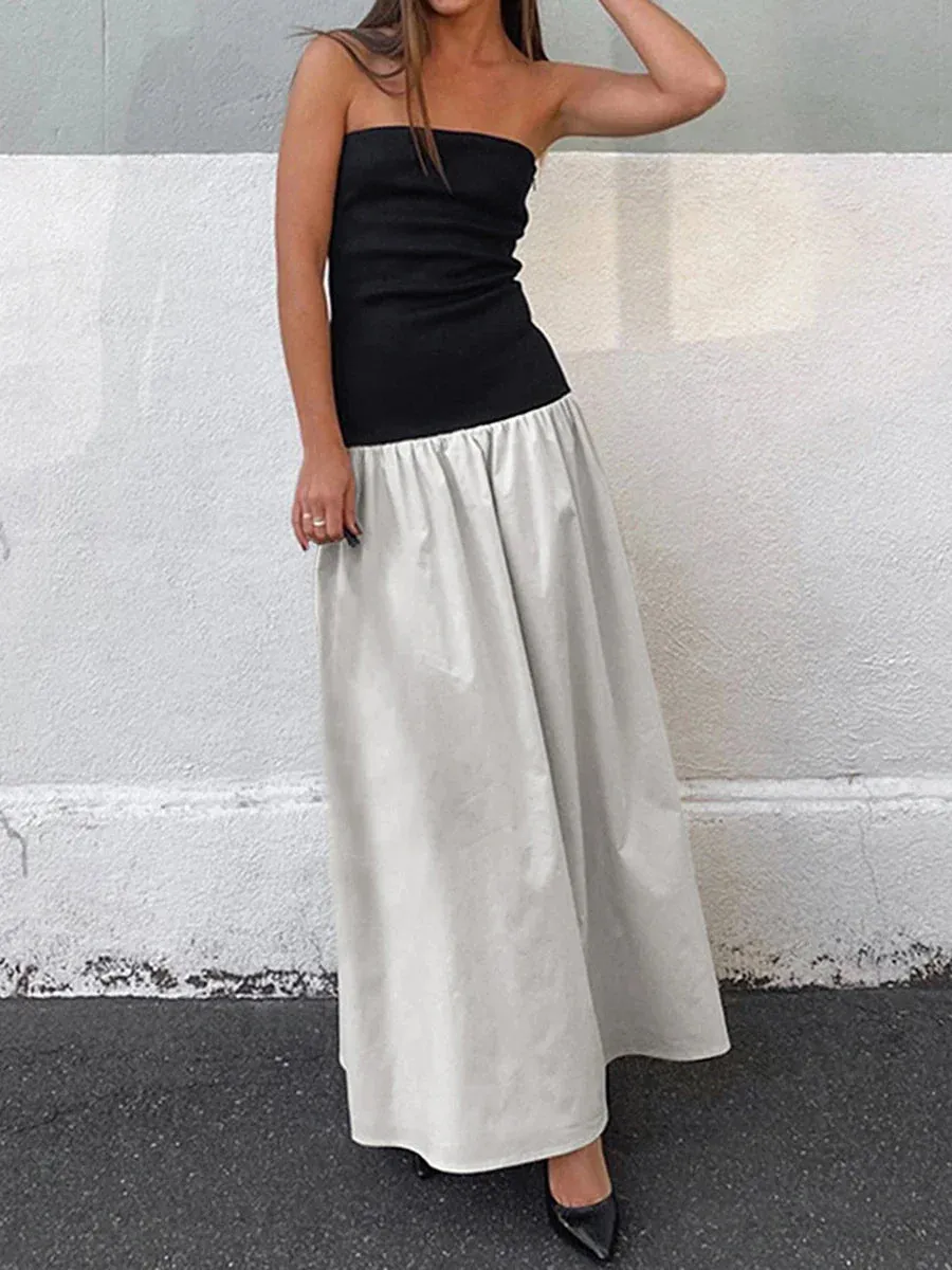 Strapless Long Dress Sleeveless Contrast Color Tube Beach Basics Versatility 2024 Casual Women's Dress